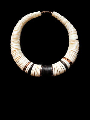 Tribal Figure Engraved 3 White Shell Necklace With Black Cord